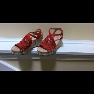 FRANCO SARTO Red Leather Wedge Heel Sandals-NEW